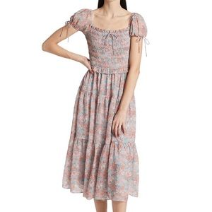 Floral smocked detail cap sleeve tiered skirt midi dress